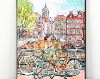 Amsterdam Watercolor Print, Holland City bicycle Art, Netherlands  Сityscape Poster