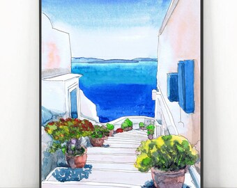 Greek islands Art Print, Santorini Greece Watercolor Painting Landscape, Travel poster