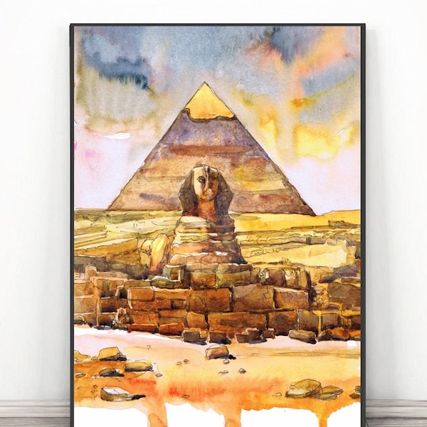 Pyramides d’Égypte, Sphinx Art Print, Paysage de la vieille ville africaine, Architecture ancienne Art mural Aquarelle, Cairo Gizeh Travel Poster