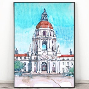 Pasadena Print City Hall Watercolor Painting , Pawnee Indiana Art - CA Cityscape wall art