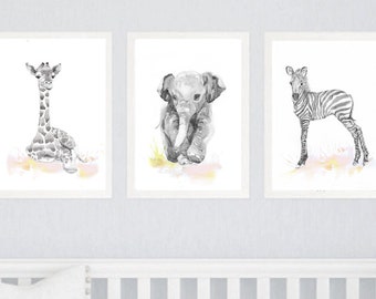 Neutral Nursery Decor, Set of 3 prints, Baby Animals Nursery, Watercolor Painting, Safari Wall Art Watercolour Print, New baby Gift, Gray