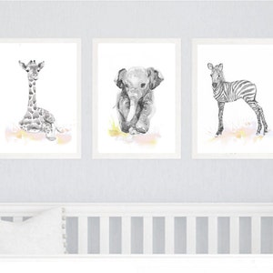 Neutral Nursery Decor, Set of 3 prints, Baby Animals Nursery, Watercolor Painting, Safari Wall Art Watercolour Print, New baby Gift, Gray image 1