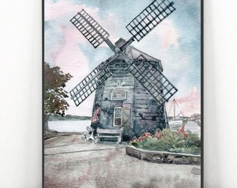 Windmill, Sag Harbor NY Art Print 0f Original Watercolor Painting, Long Island Artwork
