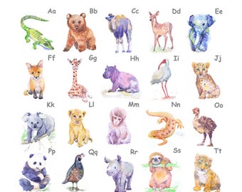 Printable Alphabet  Animal Poster, Watercolor Painting ABC Wall art , Baby Playroom Nursery decor