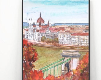 Budapest Watercolor Art Print, Hungary Skyline painting Parliament Budapest Cityscape travel poster