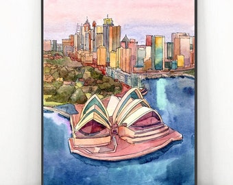 Australien Art Print Sydney Reise Poster Aquarell Landschaft Malerei, Stadt Wand Kunst