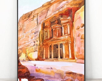Petra Jordan Art, Near East Wall Art Western Asia Old City Print Watercolor Oriental landscape,  Travel Poster Ancient Architecture Painting