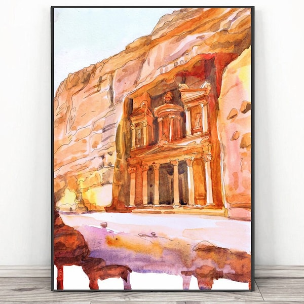 Petra Jordan Art, Near East Wall Art Western Asia Old City Print Watercolor Oriental landscape,  Travel Poster Ancient Architecture Painting