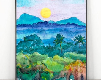 Costa Rica Art, Sunset landscape Watercolor Painting,  palm tree print, Beach themed decor  by Valentina Ra