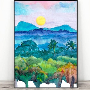 Costa Rica Art, Sunset landscape Watercolor Painting,  palm tree print, Beach themed decor  by Valentina Ra