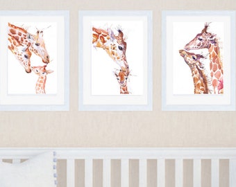 Giraffe Nursery Wall art Set of 3 Prints Watercolor Painting Safari Animals Decor Playroom Illustration Jungle by Valentina Ra