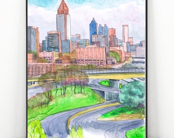 Atlanta GA Skyline Art Print Watercolor Cityscape Painting, Georgia Travel Poster