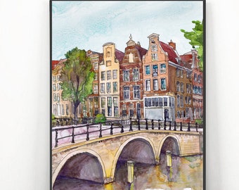Amsterdam Art Print, Holland Watercolor Painting, Netherlands Cityscape poster