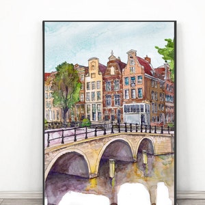 Amsterdam Watercolor Print, Holland poster, Netherlands Water color Painting  Cityscape