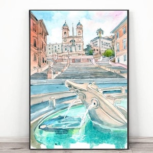 Impresión artística de Roma, pintura de acuarela de Italia, horizonte de la ciudad antigua de Europa - Póster de escaleras de España