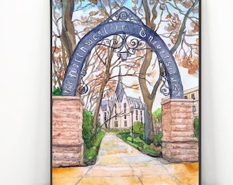 Northwestern University  Art Print, Evanston wall art Watercolor Painting Cityscape,  Weber Arch graduation print