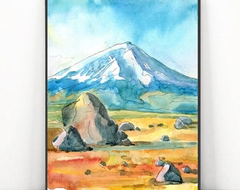 Cotopaxi  Ecuador Art Print, Watercolor Painting Volcano Wall art, South America landscape decor Latin america Travel poster by Valentina Ra