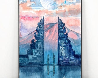 Bali Kunst - Indonesien Wandkunst Druck, Bali Tor des Himmels Aquarell Malerei Asiatische Reise Poster - Bali Reisedruck Orientalische Landschaft