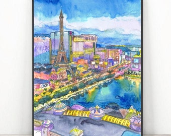 Las Vegas Skyline Wall Art, Nevada City Art Print, Watercolor Cityscape Painting