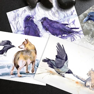 Cartão de corvo, pacote de cartão postal de corvo, cartões de notas de belas artes, cartões de felicitações em aquarela com envelope, conjunto de cartões de aquarela de pássaros