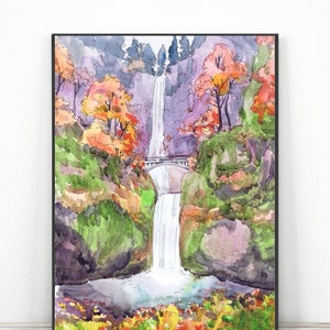 Multnomah Falls -  Waterfall Art Print Watercolor Painting , Columbia River Gorge Oregon Landscape
