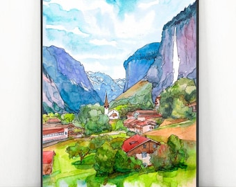 ラウターブルンネン - スイス 絵画 スイスアルプス 山 壁画、水彩風景