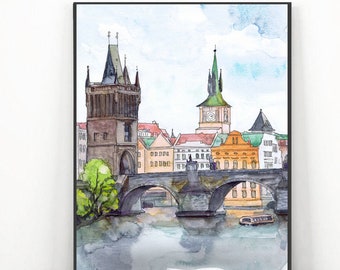 Prague art, Czech Republic Wall art Europe Print - Charles Bridge Watercolor painting
