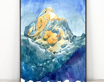 Mt Everest Poster - Himalaya Berg Wand Kunstdruck, Mount Everest Klettern Poster, Sieben Gipfeln Aquarell Malerei Landschaft