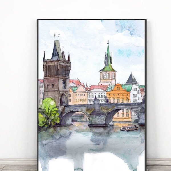 Prague art, République tchèque Art mural Europe Print - Charles Bridge Aquarelle