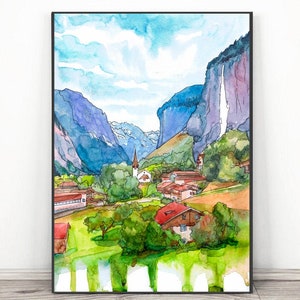 Lauterbrunnen - Switzerland painting  Swiss Alps Mountain Wall Art, Watercolor landscape