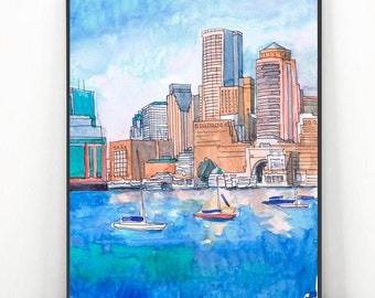 Boston Skyline Aquarell Malerei, Massachusetts Wandkunst, Stadt Kunstdruck von Valentina Ra