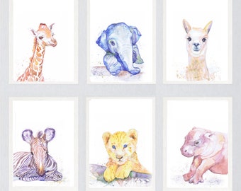 Baby Animals Nursery Wall art  Art Set of 6 Prints Watercolor Painting,  Rainbow Llama Safari  Gender Neutral nursery Baby Boy Girl Gift