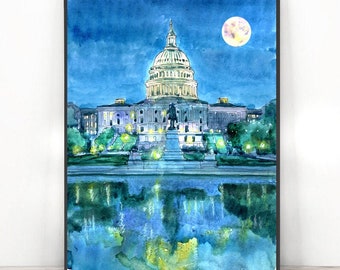 Washington dc Kunst, Nacht Skyline Druck Stadt Aquarell Malerei, Landschaft, Stadtbild Reise Poster