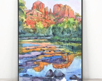Sedona Arizona Art Watercolor Painting Print,  Cathedral Rock Hiking wall art,  Oak Creek Canyon Red Rocks Travel Poster