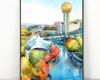 Knoxville TN Art Print Watercolor Painting by Valentina Ra, Tennessee Travel Poster