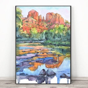 Sedona Arizona Art Watercolor Painting Print,  Cathedral Rock Hiking wall art,  Oak Creek Canyon Red Rocks Travel Poster