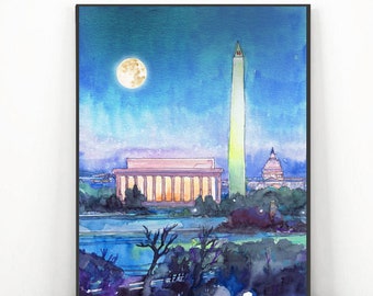 Washington dc Art, Night Skyline Print  City Watercolor Painting, Landscape,  Cityscape Travel Poster