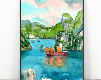 Vietnam Kunstdruck - Ha Long Bay Island Wandkunst Vietnamesisch Aquarell asiatisches Reise Poster - Orientalische Landschaftsmalerei