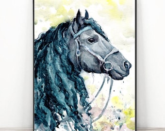 Black Horse art print, Equestrian painting, Equine watercolor expressions, horse lover gift