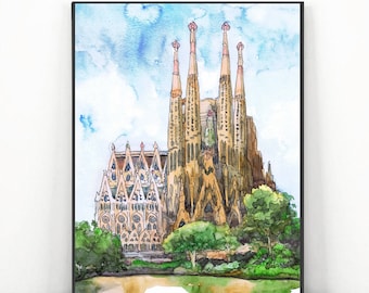 Barcelona skyline, Sagrada familia  Art Print, Water color Cityscape , Travel Spain wall art