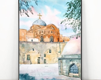 Jerusalem-Gemälde Kirche des Heiligen Grabes Israel Wandkunstdruck, Aquarell-Reiseposter Pilgerstätte, Naher Osten Altstadtdruck