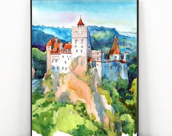 Bran Dracula Castle Art, Romania Print of Original Watercolor Painting