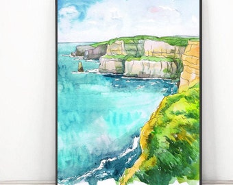Сliffs of moher Ireland landscape, Irish Watercolor Painting Print