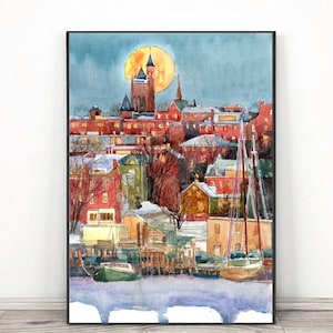 Portland Maine print , Watercolor Painting Cityscape Travel Poster, Coastal Harbor Boats city art print