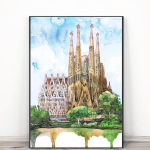 Barcelona skyline, Sagrada familia  Art Print, Water color Cityscape , Travel Spain wall art