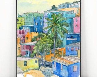 San Juan Puerto Rico Art, Abstract Cityscape Wall Art, City Watercolor Painting