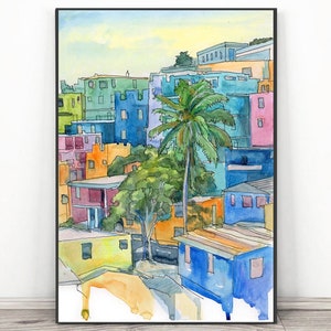 San Juan Puerto Rico Art, Abstract Cityscape Wall Art, City Watercolor Painting
