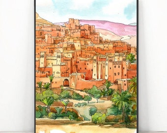 Marokko Kunstdruck, Ait Benhaddou Ouarzazate Aquarell, afrikanische berühmte Orte und Landschaft, marokkanische Wandkunst Reise Poster