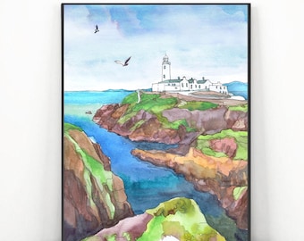 Irish Art Print Donegal Ireland Painting Watercolor , Fanad Head Lighthouse Art Print , Galway Coastal Painting