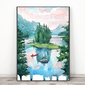 Jasper Canada National park Art, Canada Mountain wall art, Watercolor Painting Alberta Poster Lake Print